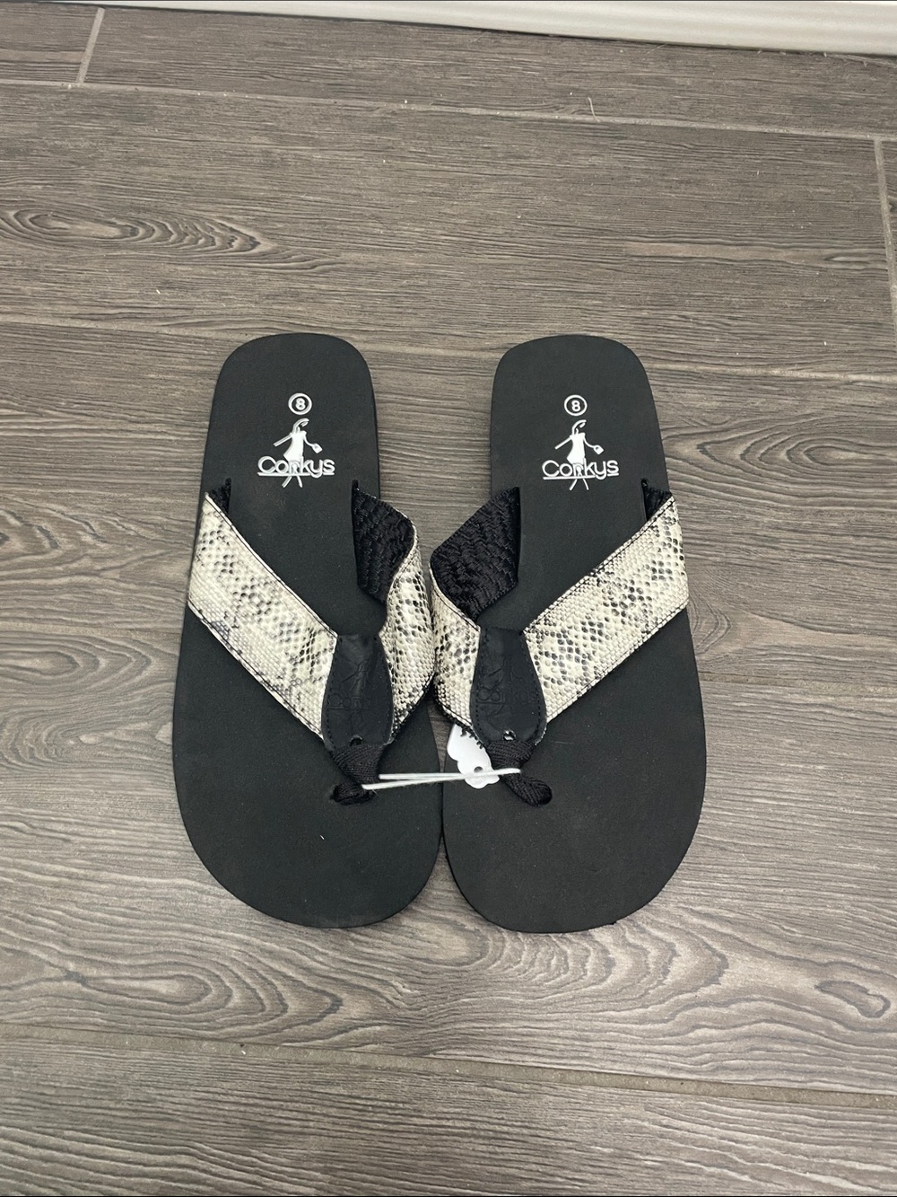 Corkys Black Flip Flops with Snakeskin Print Straps